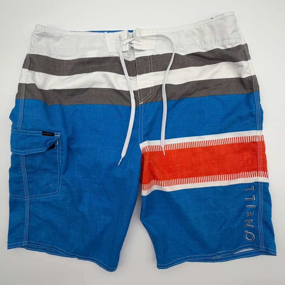 ONeill Mens Board Shorts Size 36 Blue White Orange Striped Trunks Cargo Pocket‎